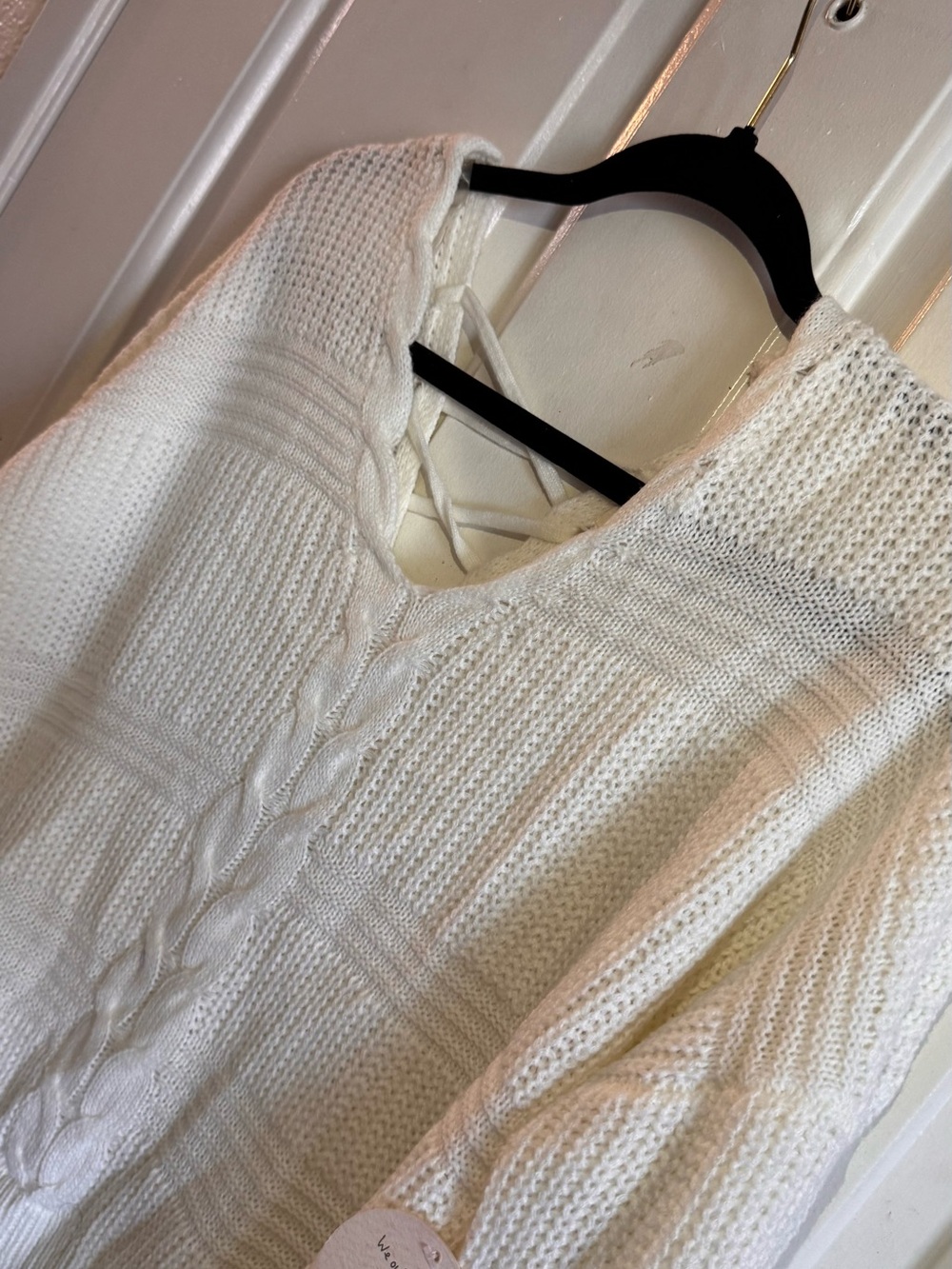 Women's V-Neck Cable Knit Sweater with Back Lace-Up - Cream